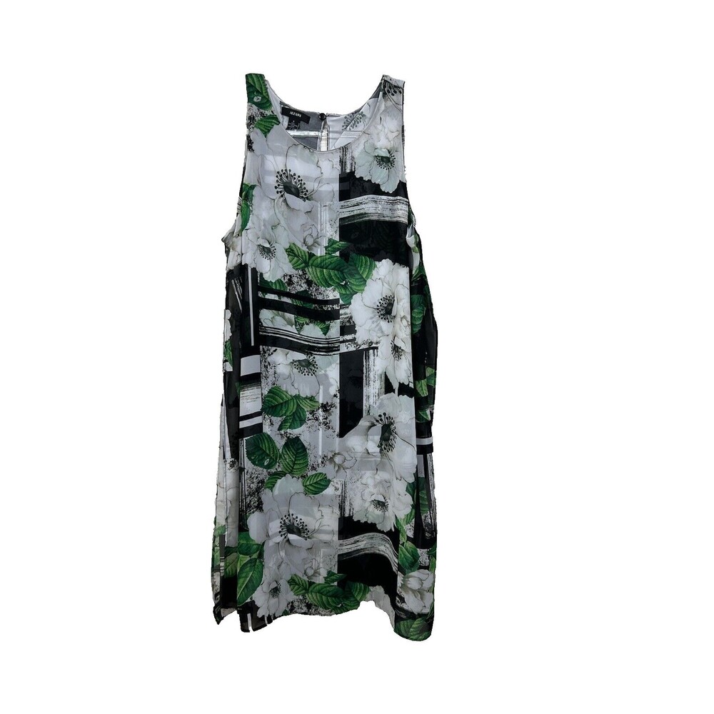 Alfani Womens Dress Size 8 Sleeveless Floral Print Shift Sheath Green Black Wh